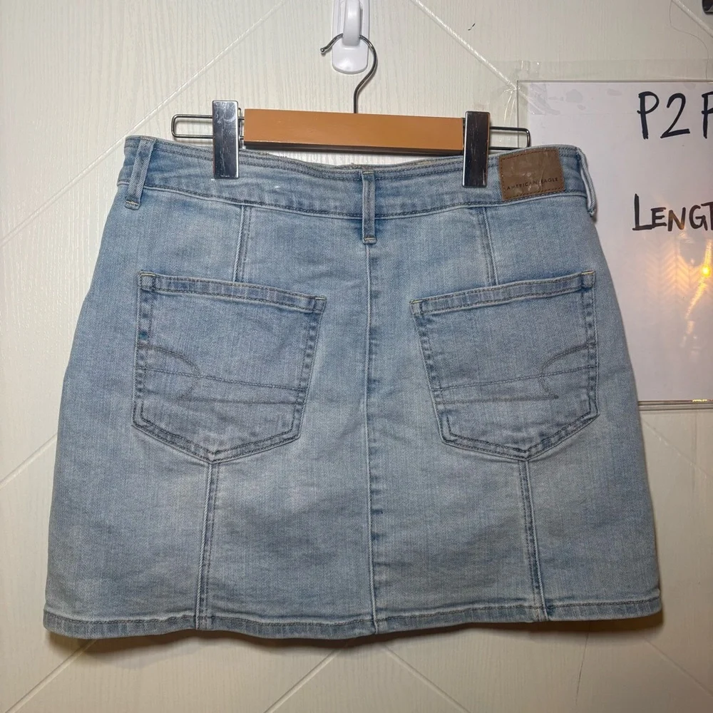 AE  Button‎ Front High Waisted Denim Mini Skirt Super Stretch Blue Sz8 Western - Picture 2 of 7